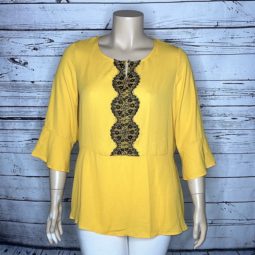 NY Collection Yellow Peplum Top with Black Lace Trim